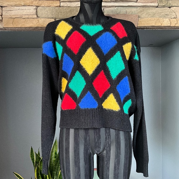 VTG Argyle Preppy Wool Angora Cropped Sweater Indie Grunge Artsy Black Blue L - Picture 1 of 9